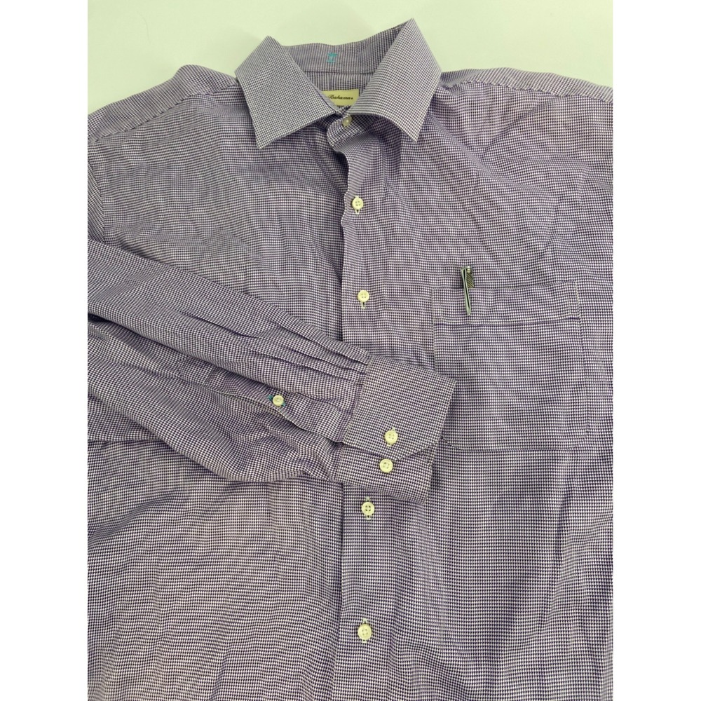 Tommy Bahama  Button Down Shirt Purple Houndstooth Long Sleeve Size 16 1/2 36-37